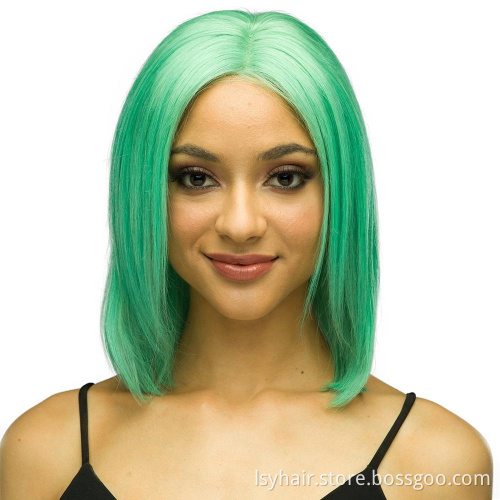 Korean Transparent color Lace Front Green Wig, 8 10 Inch Bob Wigs Sunny Green Human Hair Wigs With Elastic Band